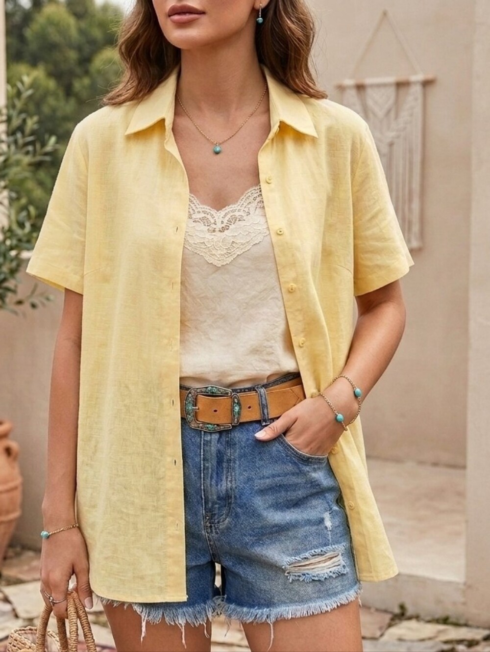L.L. Bean Linen Yellow Button Front Shirt Blouse Short Sleeve Relaxed Fit M/L